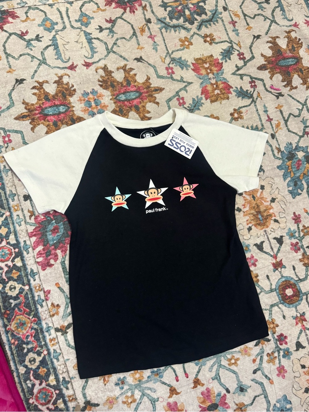 NEW Paul Frank Black Tee with Cream Raglan Sleeves and Star Monkey Graphic
